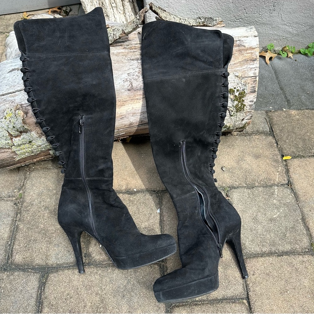 Stuart Weitzman Suede Over the Knee Button Back Platform Boots - Picture 7 of 8